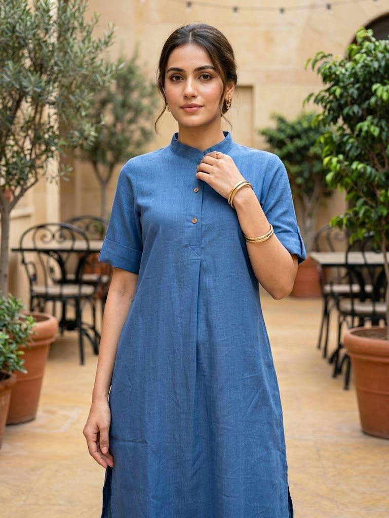 Dusty Blue Modal Slub Kurta & Afghani Salwar Co-Ord Set
