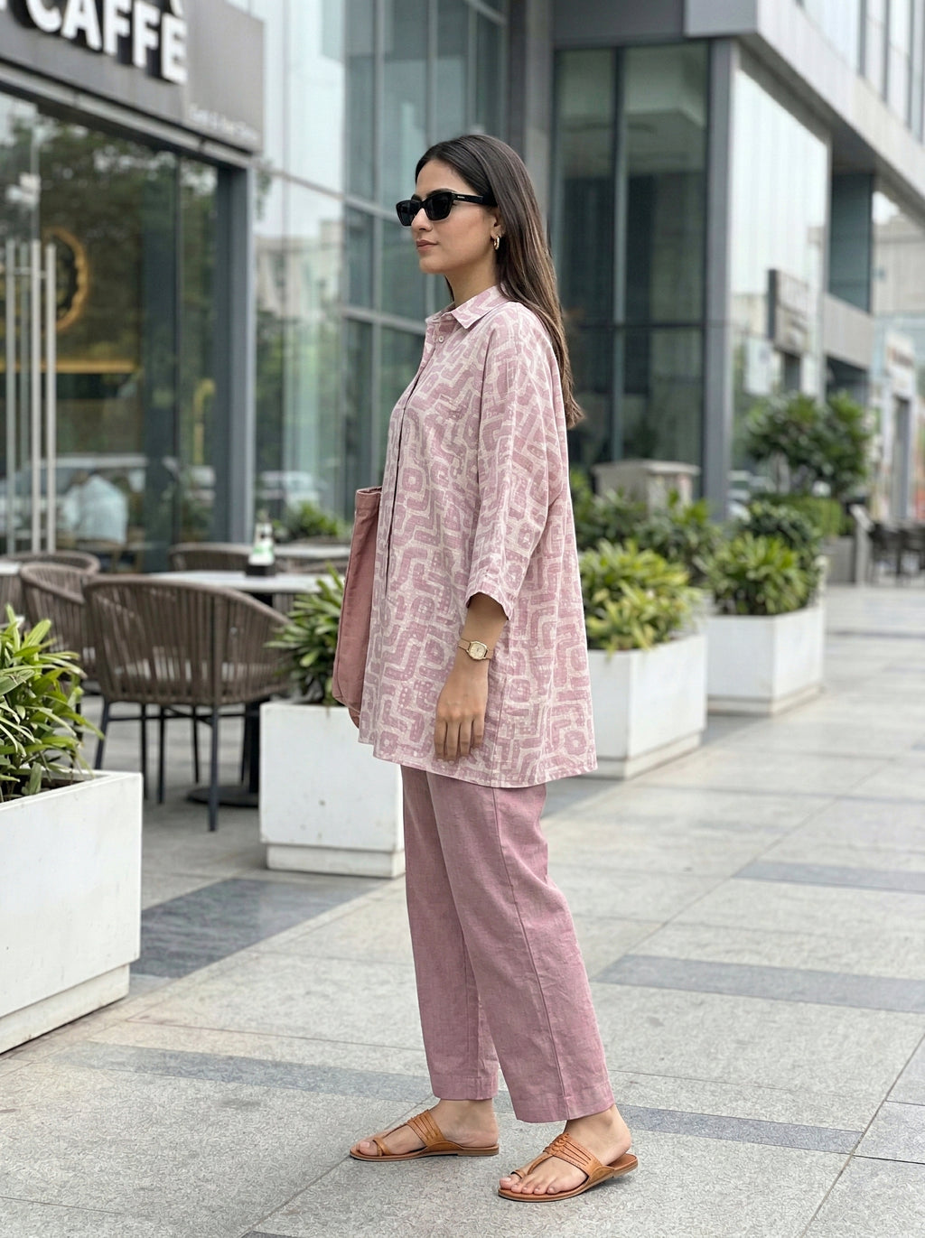 Dusty rose cotton linen kaftan shirt and pant set by Karchobi with abstract print, displayed on a neutral background.