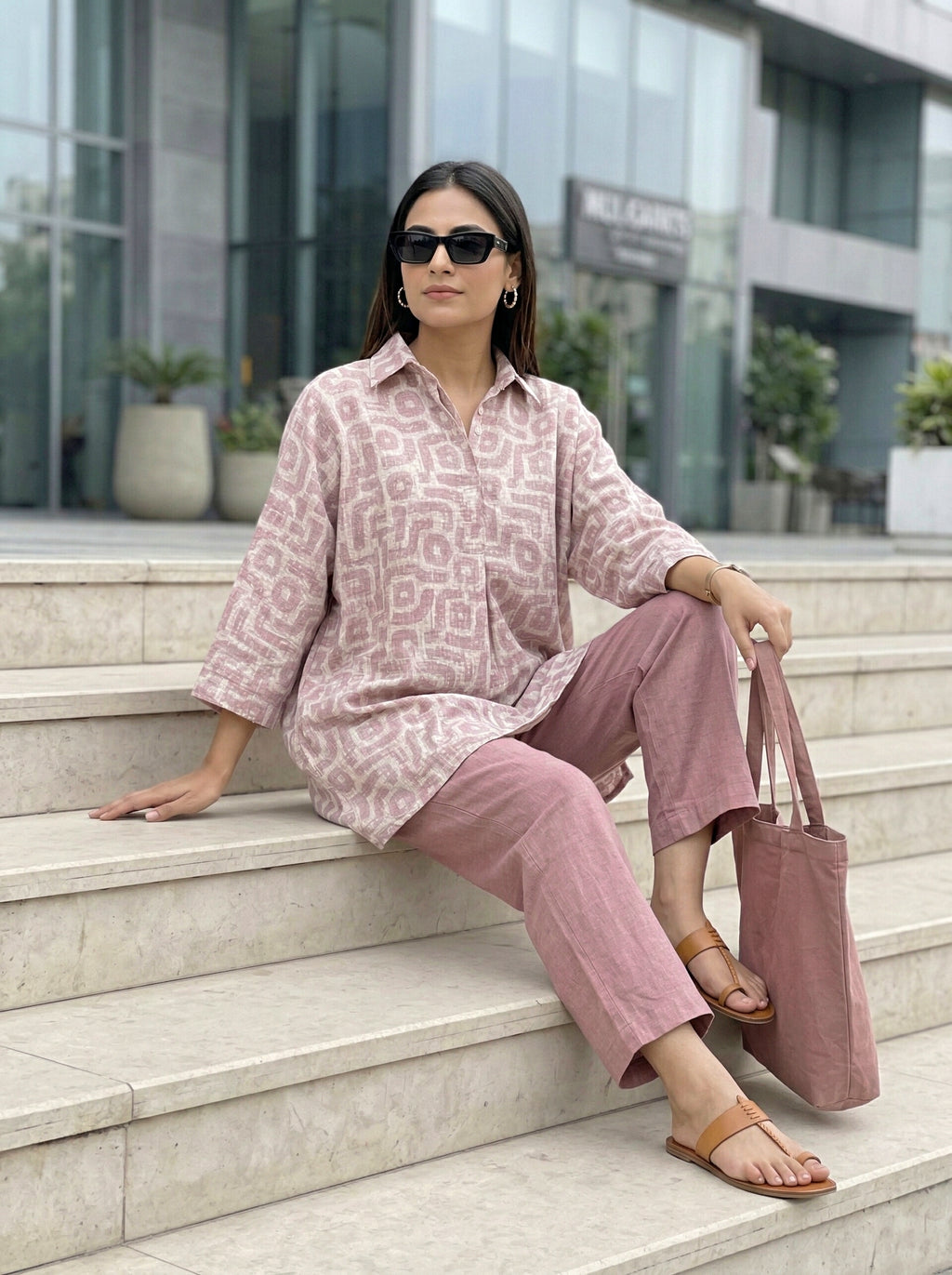 Dusty rose cotton linen kaftan shirt and pant set by Karchobi, featuring an abstract print design for women.