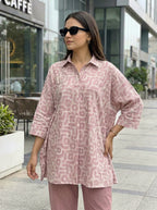 Dusty rose cotton linen kaftan shirt and pant set from Karchobi, featuring an abstract print and relaxed fit.