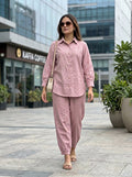 Dusty rose cotton linen shirt paired with Afghani salwar in a women's co-ord set by Karchobi.