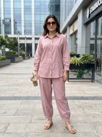 Dusty rose cotton linen shirt paired with Afghani salwar from Karchobi, showcasing a stylish women's co-ord set.
