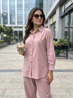 Dusty rose cotton linen shirt paired with Afghani salwar in a stylish women's co-ord set by Karchobi.