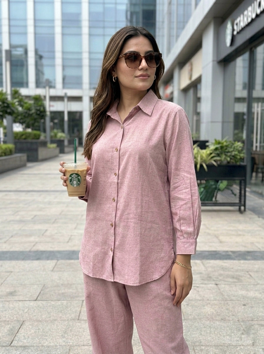 Dusty rose cotton linen shirt paired with Afghani salwar in a stylish women's co-ord set by Karchobi.