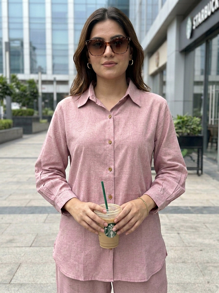 Dusty rose cotton linen shirt and Afghani salwar co-ord set by Karchobi, displayed on a mannequin in natural lighting.