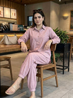 Dusty rose cotton linen shirt with Afghani salwar co-ord set by Karchobi, showcasing elegant fabric and design.