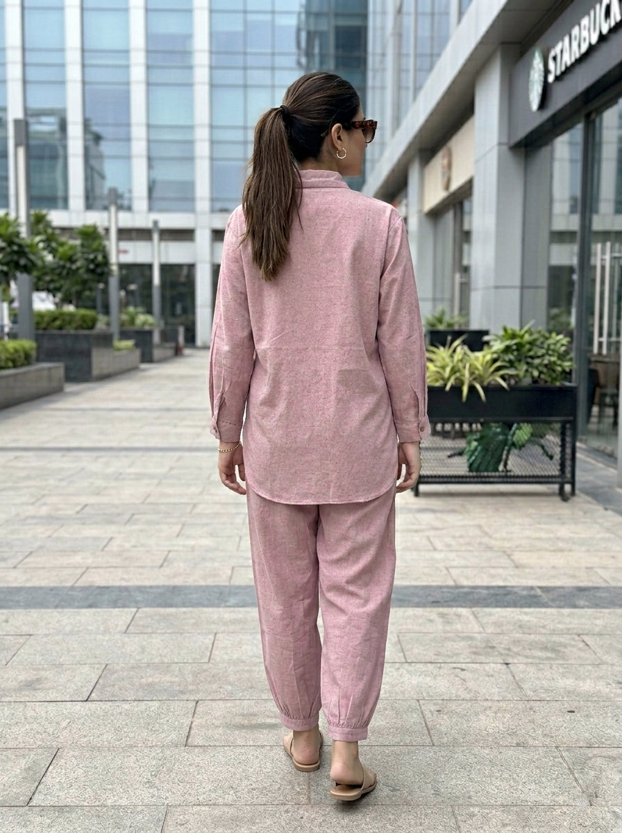 Dusty rose cotton linen shirt paired with Afghani salwar in a stylish women's co-ord set by Karchobi.