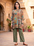 Earthy brown kaftan shirt and pant co-ord set by Karchobi featuring botanical abstract prints in muslin cotton fabric.