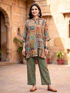 Earthy brown kaftan shirt and pant co-ord set by Karchobi featuring botanical abstract prints in muslin cotton fabric.