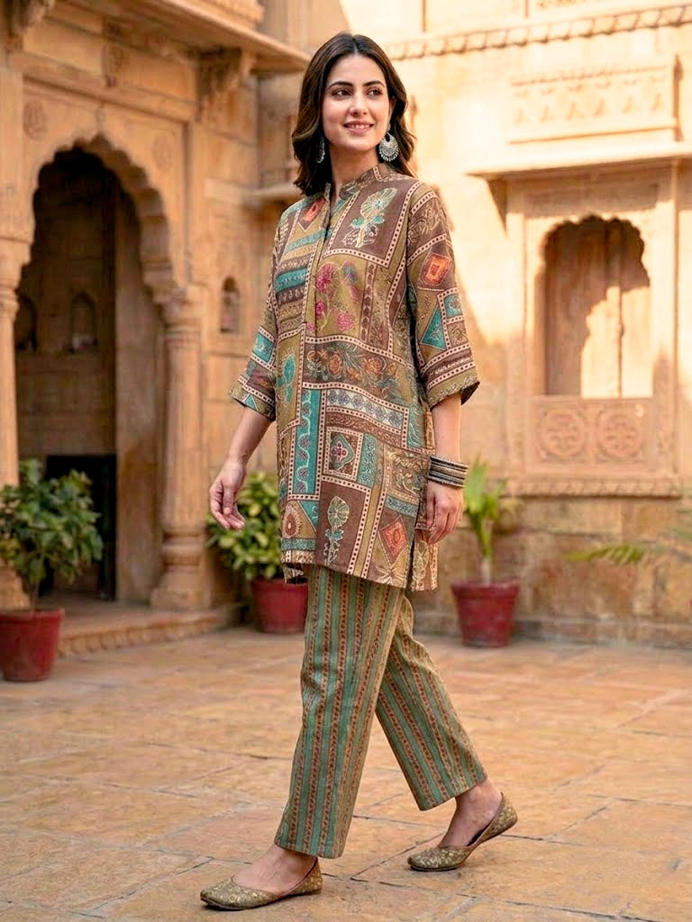 Earthy brown kaftan shirt and pant co-ord set by Karchobi, featuring botanical abstract prints on soft muslin cotton fabric.