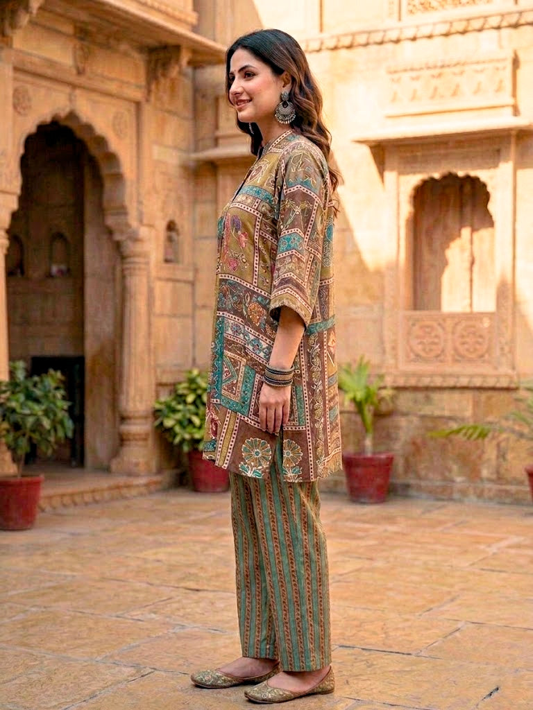 Earthy brown kaftan shirt and co-ord set by Karchobi featuring botanical abstract prints in muslin cotton for women.