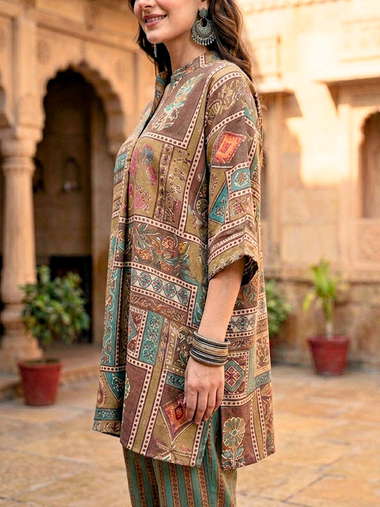 Earthy brown kaftan shirt and co-ord set with botanical abstract prints in muslin cotton, featuring a relaxed fit for women.