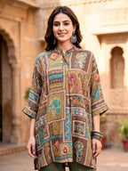 Earthy brown kaftan shirt co-ord set with botanical abstract prints, made of soft muslin cotton, featuring a relaxed fit for women.