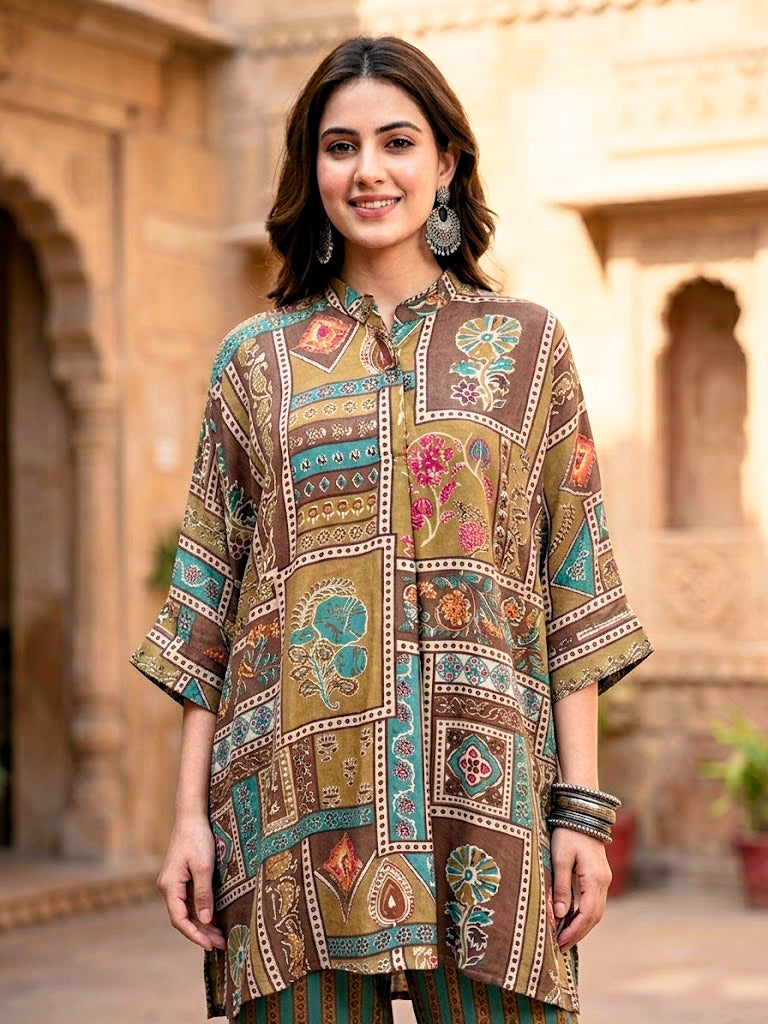 Earthy brown kaftan shirt co-ord set with botanical abstract prints, made of soft muslin cotton, featuring a relaxed fit for women.
