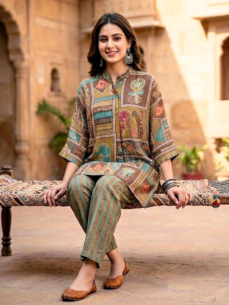 Earthy brown kaftan shirt and co-ord set with botanical abstract prints in muslin cotton, featuring relaxed fit and stylish design.