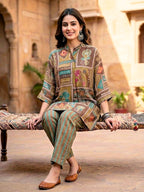 Earthy brown kaftan shirt and co-ord set with botanical abstract prints in muslin cotton, featuring relaxed fit and stylish design.