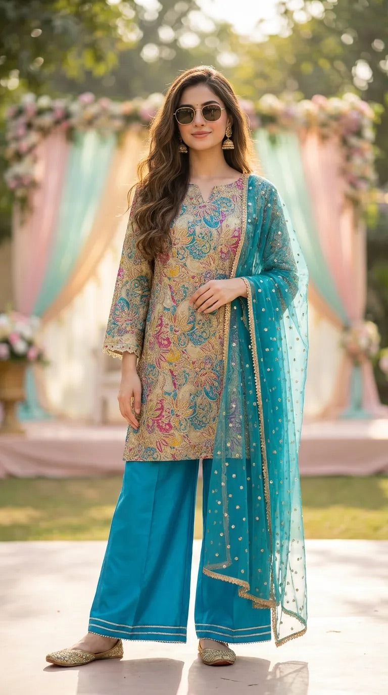 Woman wearing blue floral sequin embroidered kurta sharara set with net dupatta outdoors