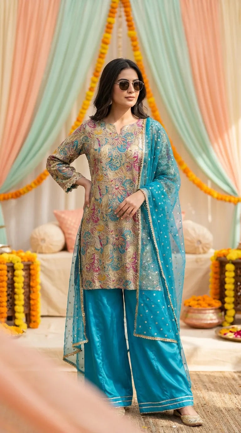 Woman in a turquoise floral sequin kurta sharara set with net dupatta by Karchobi