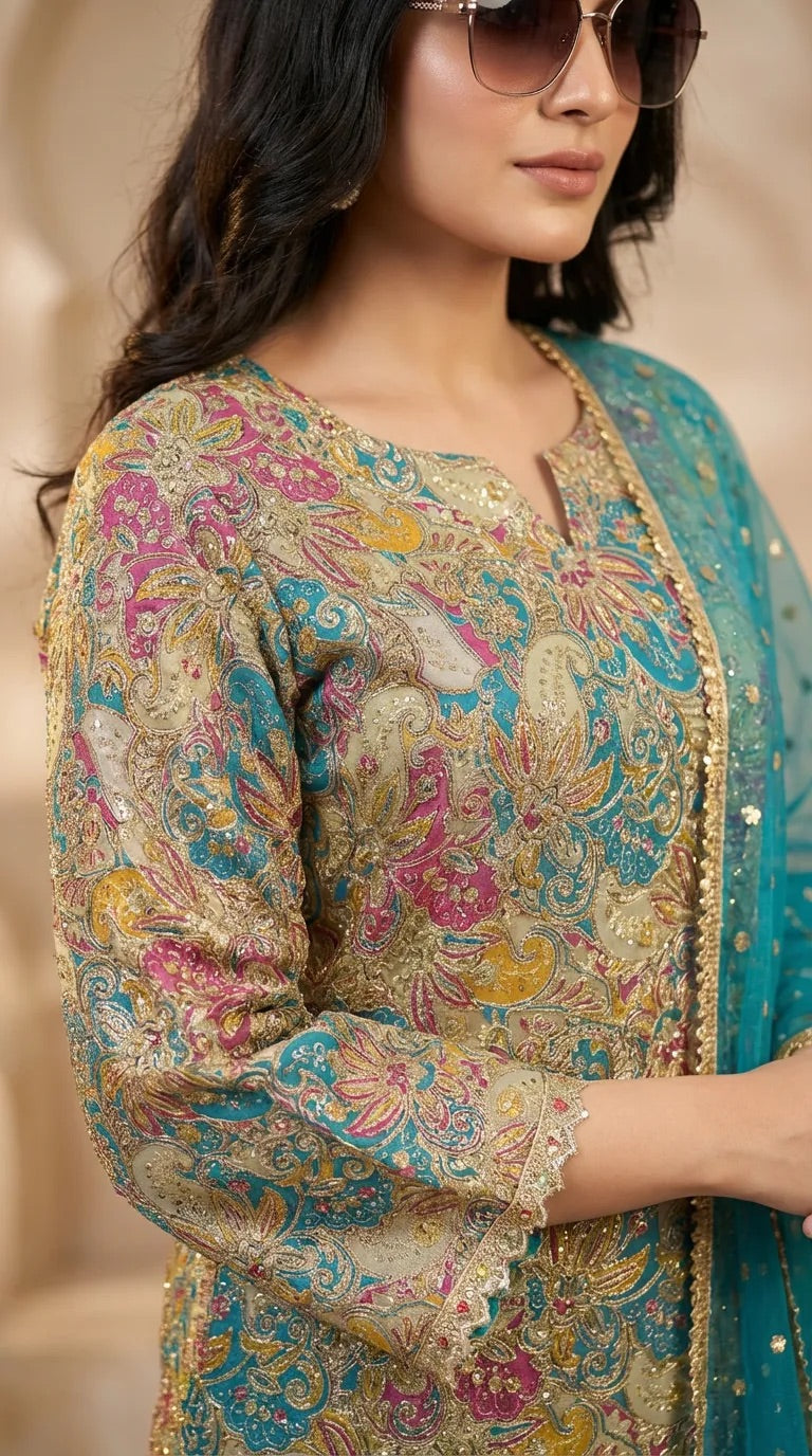 Woman wearing a Karchobi ferozi kurta with floral sequin embroidery and net dupatta