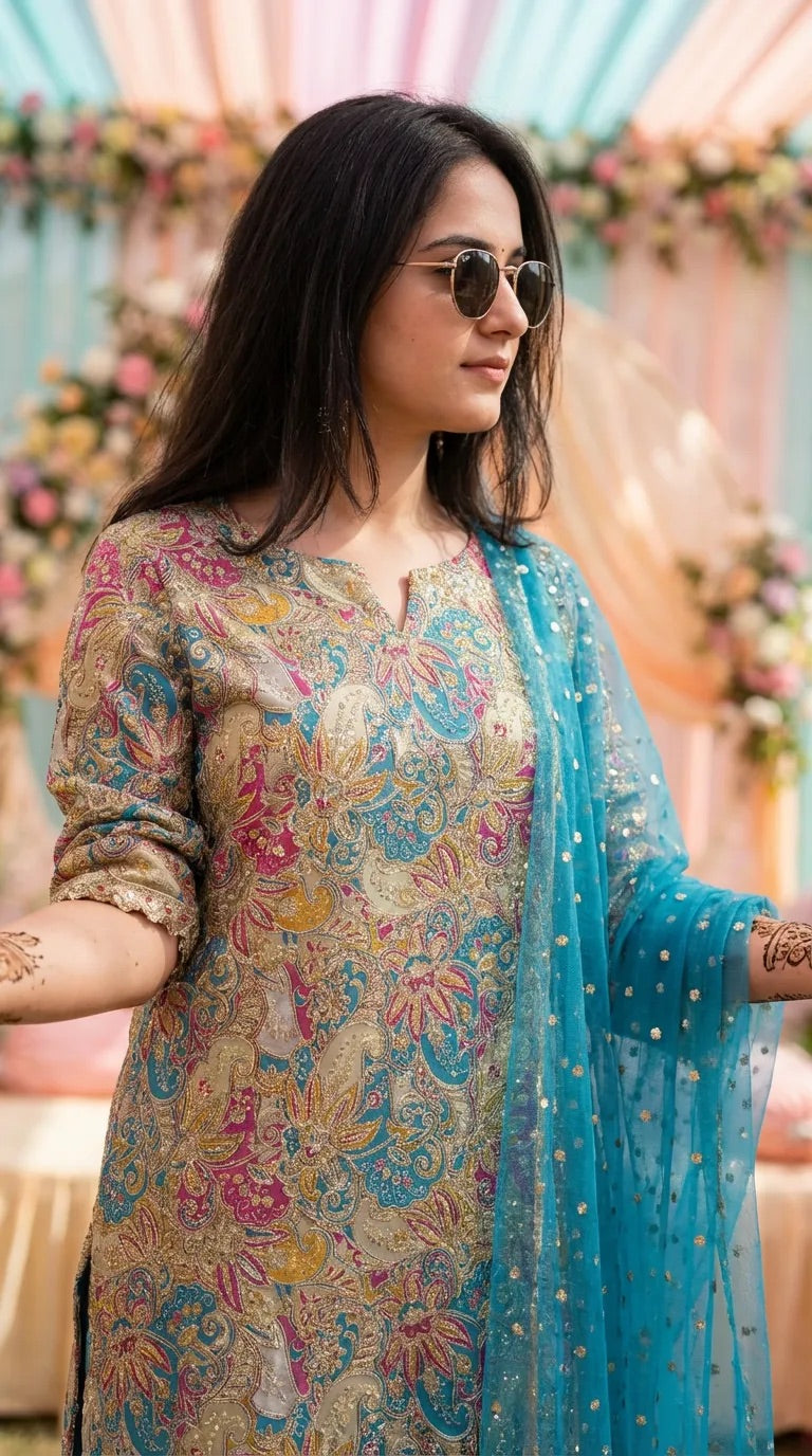 Woman in Karchobi ferozi floral sequin embroidery kurta with net sequin dupatta outdoors