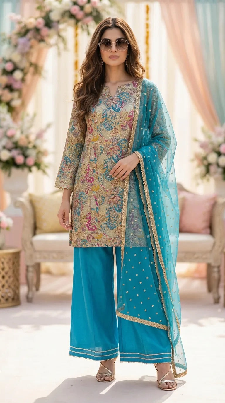 Woman in ferozi floral sequin embroidered kurta sharara set with net sequin dupatta, Karchobi