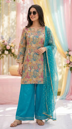 Woman in ferozi floral sequin embroidered kurta sharara set with net dupatta, Karchobi
