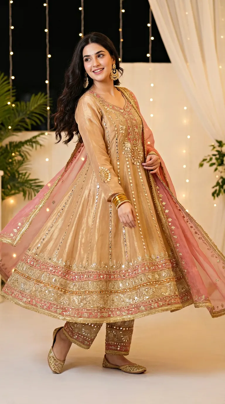 Woman wearing gold beige embroidered Anarkali set with pink dupatta, festive background, Karchobi