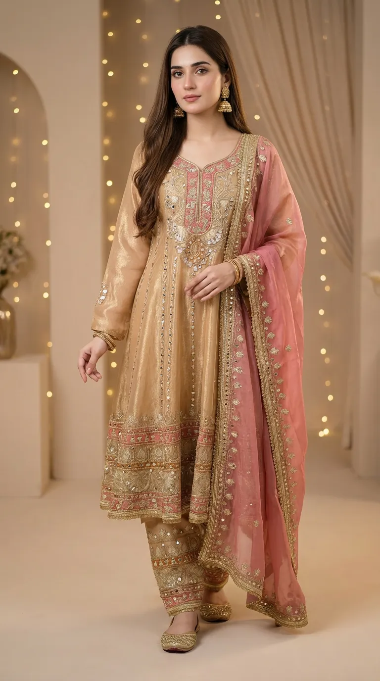 Gold beige short Anarkali pant set with gold gota embroidery and pink dupatta by Karchobi