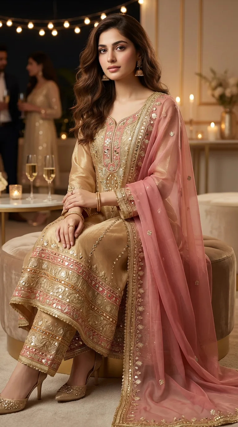 Woman in gold-beige anarkali pant set with gold gota embroidery and pink dupatta, Karchobi fashion