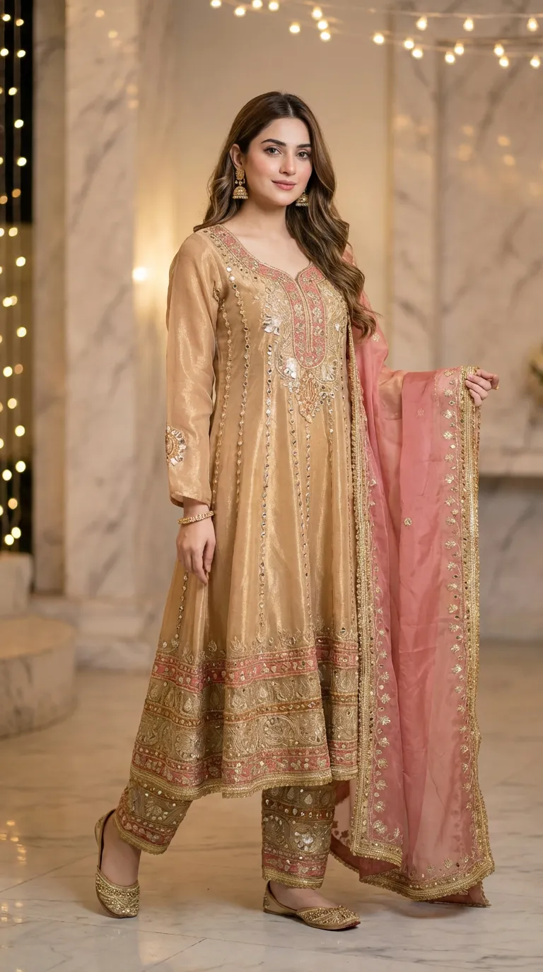 Woman wearing gold beige embroidered Anarkali suit with pink dupatta from Karchobi