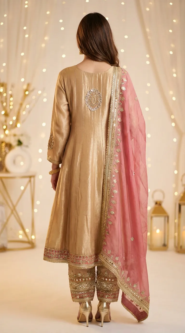 Woman wearing gold beige embroidered short Anarkali pant set with pink dupatta, Karchobi fashion