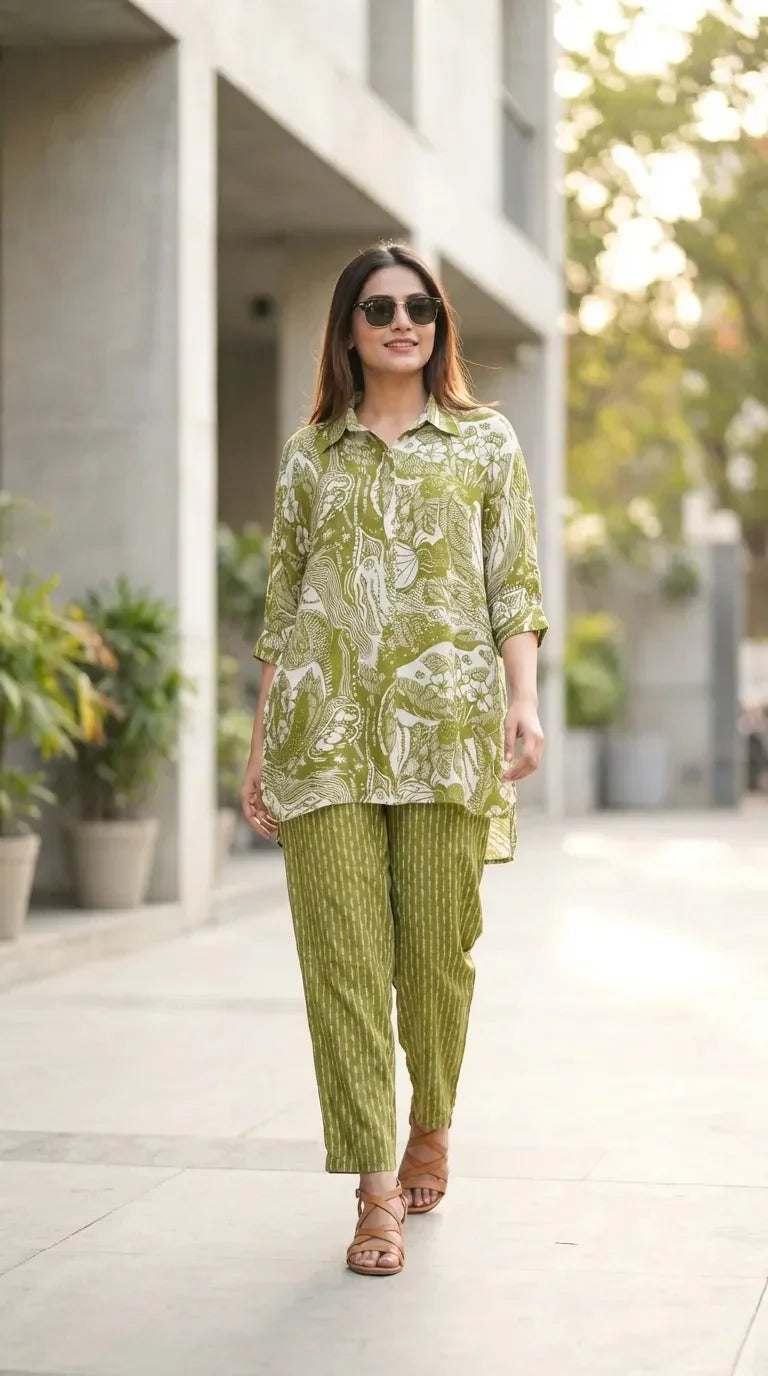 Woman wearing green printed kaftan shirt and pants co-ord set from Karchobi, outdoors
