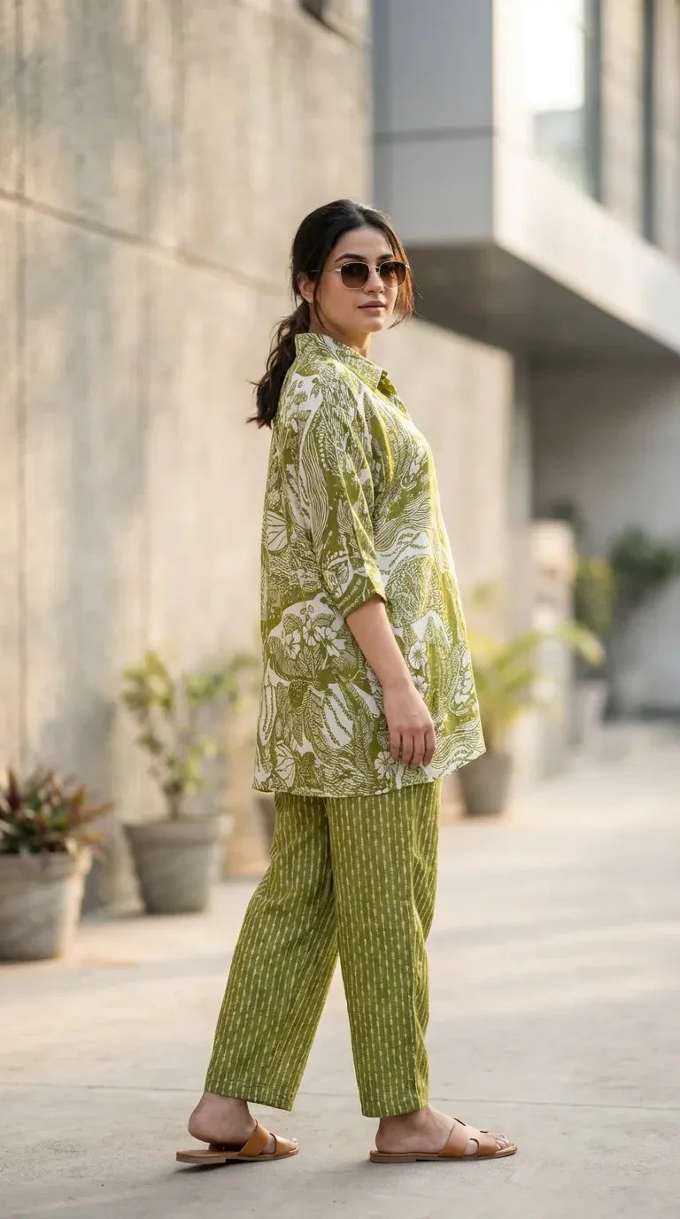Woman in a green floral Karchobi kaftan co-ord set with shirt and pant, outdoor setting