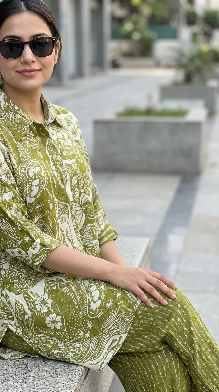 Woman in green printed kaftan shirt and pants co-ord set, sitting outdoors, Karchobi fashion