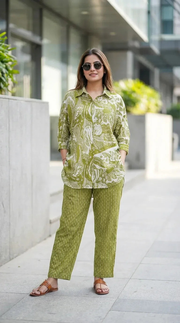 Woman wearing green printed Karchobi kaftan shirt and pants co-ord set, outdoor setting