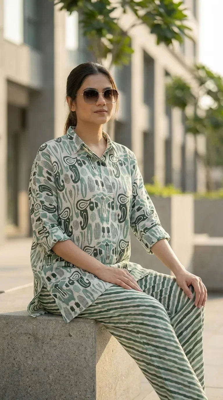 Woman in green paisley print kaftan shirt co-ord set from Karchobi, seated outdoors