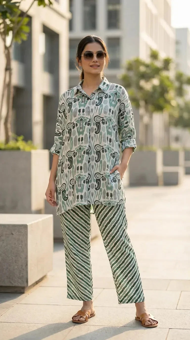 Woman wearing green paisley print kaftan shirt co-ord set by Karchobi outdoors