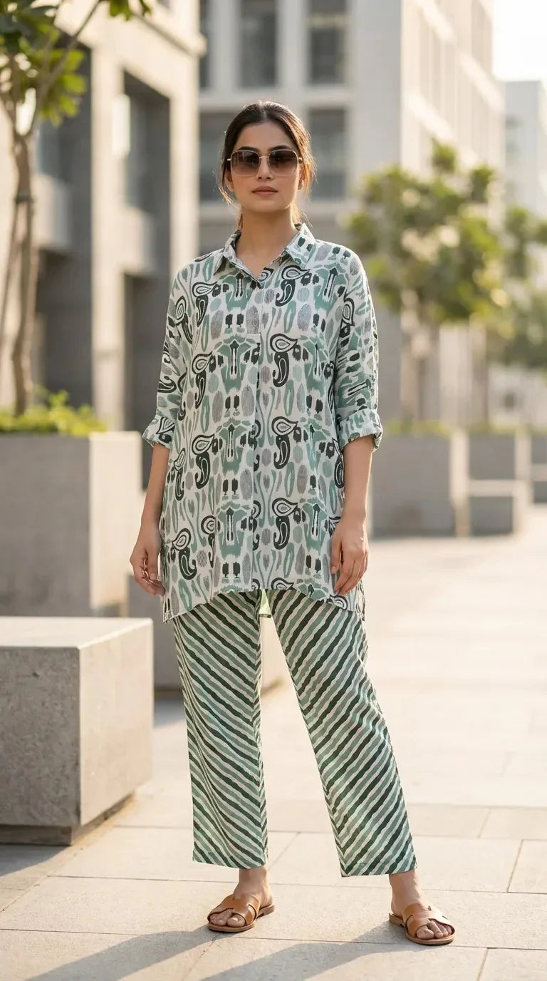 Woman wearing Karchobi green paisley print kaftan shirt co-ord set outdoors, casual chic style