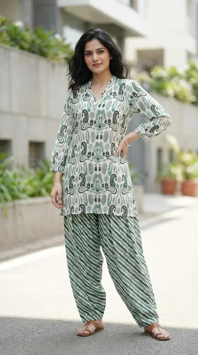 Woman wearing Karchobi green printed muslin kurta and Farsi salwar co-ord set outdoors