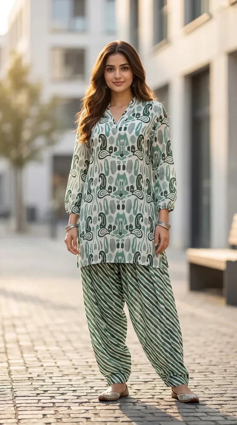 Woman wearing green printed muslin kurta and Farsi salwar co-ord set from Karchobi