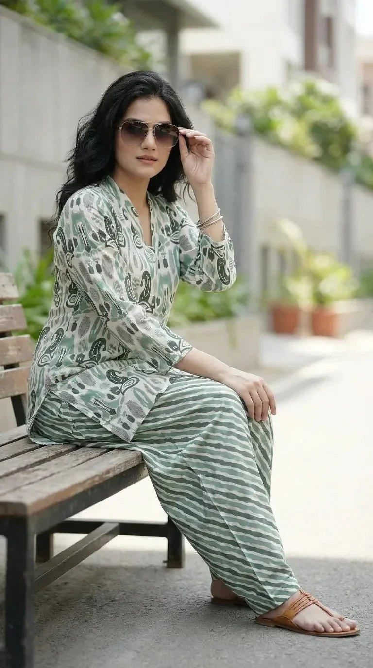 Woman in green printed muslin kurta and striped salwar co-ord set sitting on a bench, outdoors.