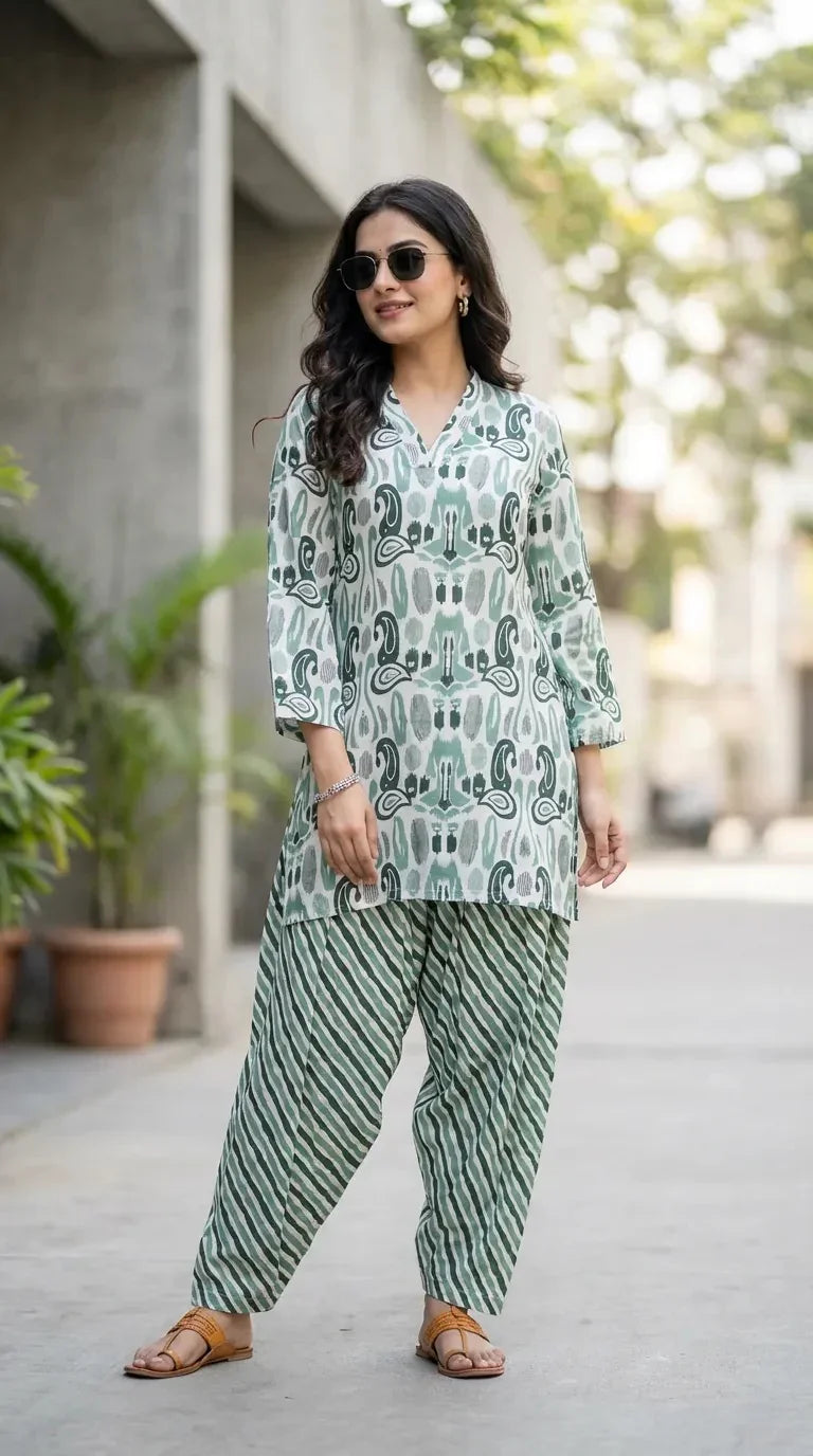 Woman wearing green printed muslin kurta and striped salwar co-ord set outdoors, Karchobi fashion
