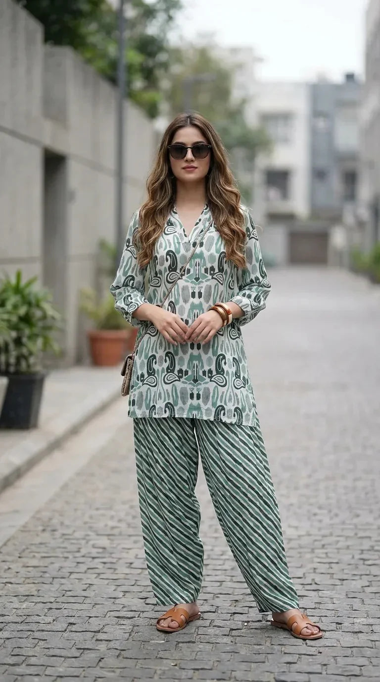 Woman in green printed muslin kurta and striped Farsi salwar co-ord set from Karchobi