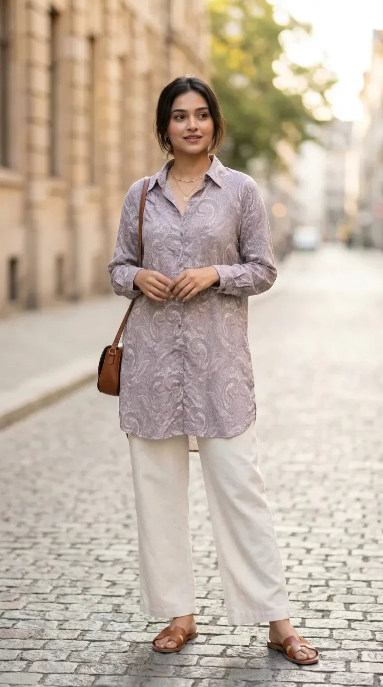 Woman wearing Karchobi grey paisley print kurta with cream bottoms on city street