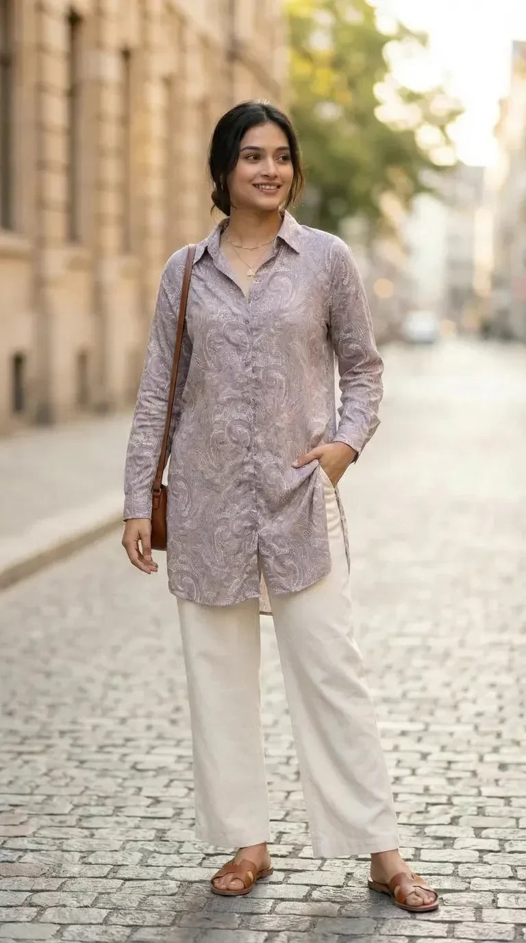 Woman in grey paisley print kurta and cream pants from Karchobi, stylish streetwear fashion