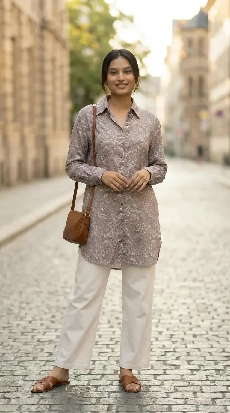 Woman wearing Karchobi grey paisley print kurta with cream bottoms, standing on a city street