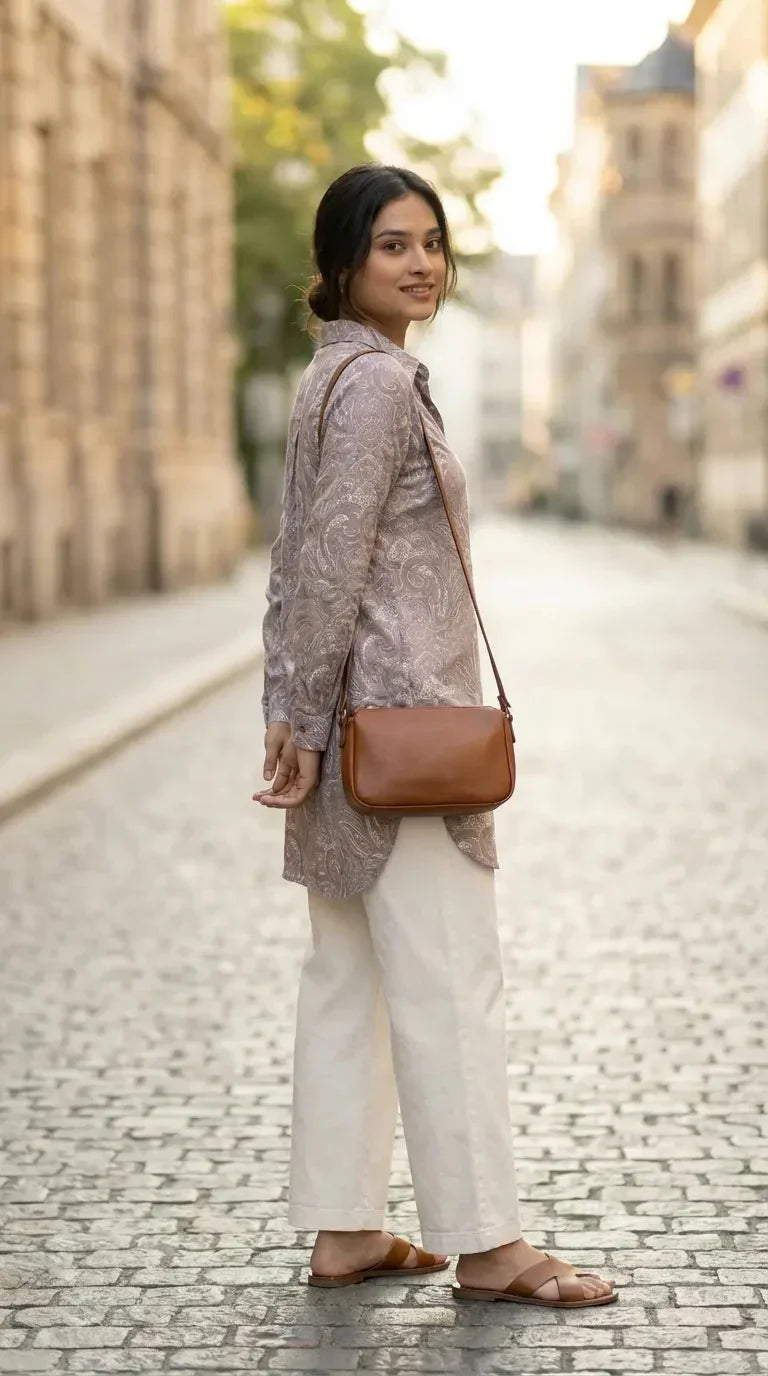 Woman in grey paisley print kurta and cream pants with brown crossbody bag on city street, Karchobi fashion