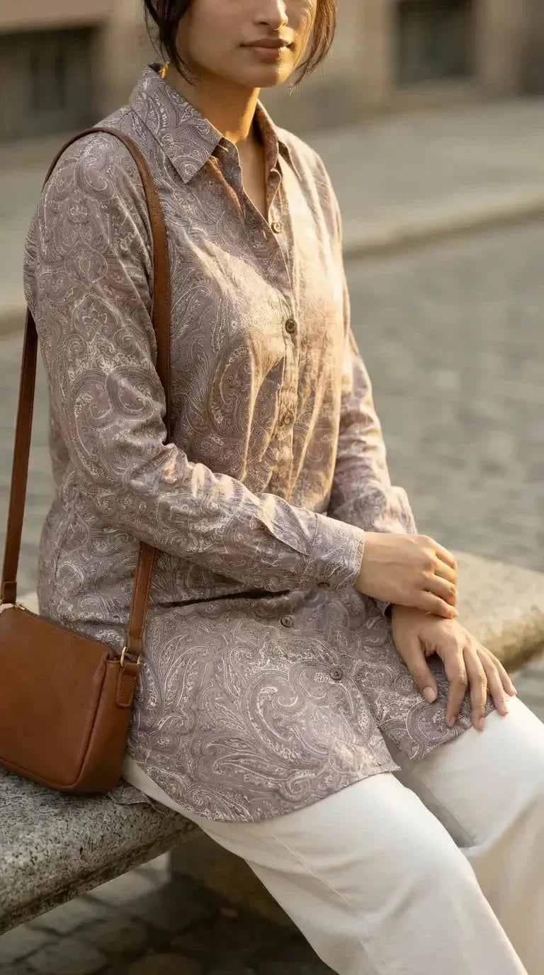 Woman wearing Karchobi grey paisley print kurta with cream pants and brown crossbody bag