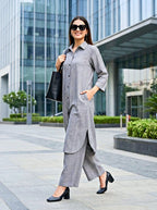Grey Woven Stripe Cotton Linen Co-Ord Set