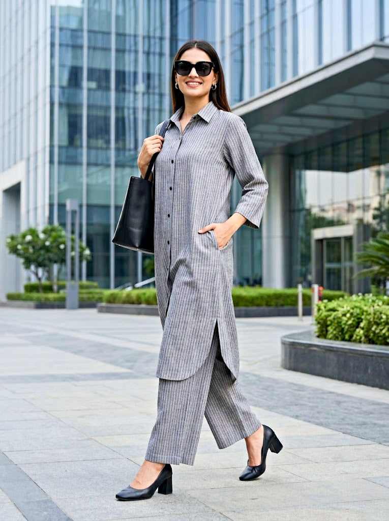 Grey Woven Stripe Cotton Linen Co-Ord Set